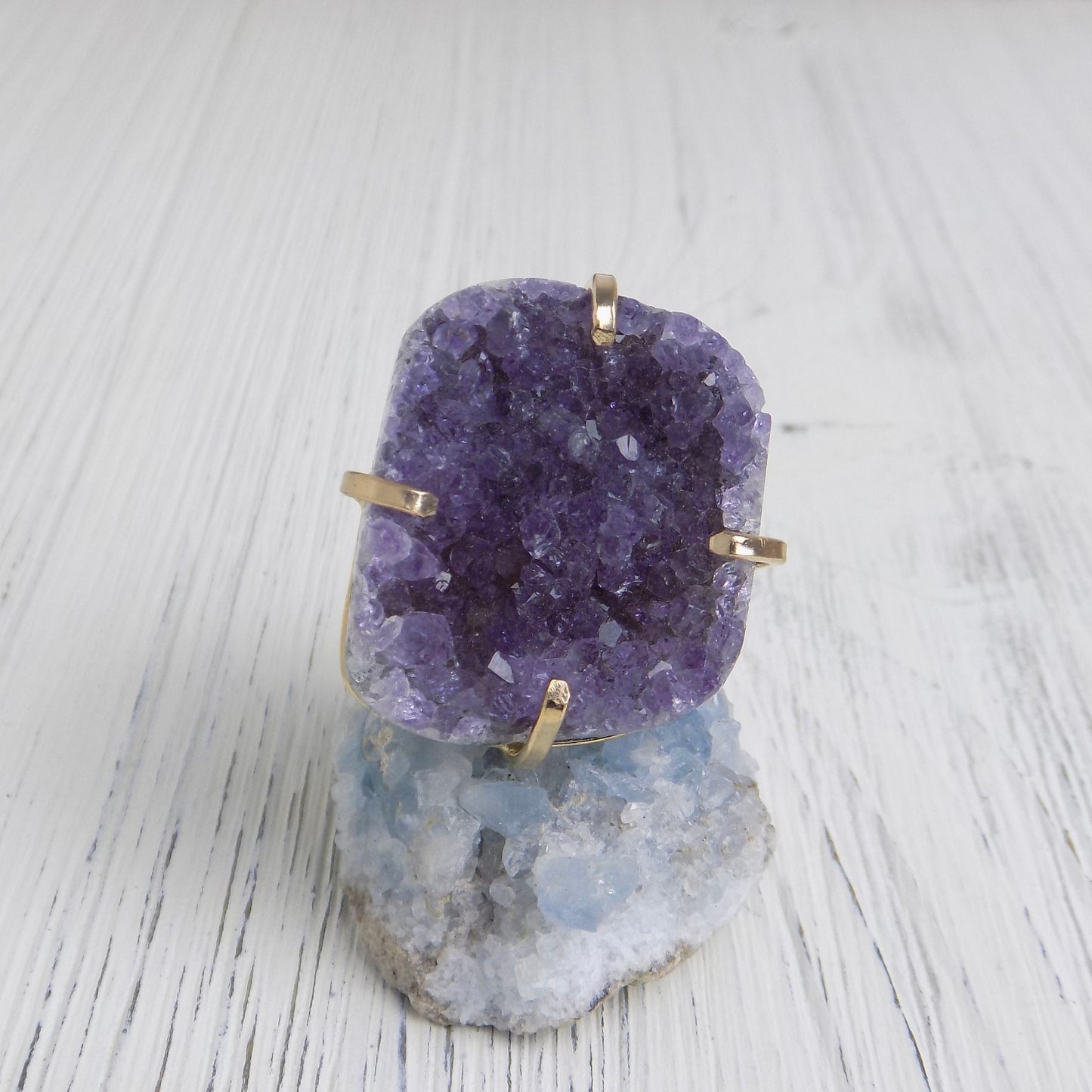 Large Raw Amethyst Druzy Ring Gold Adjustable, Purple Crystal Statement Rings For Women, G14-207