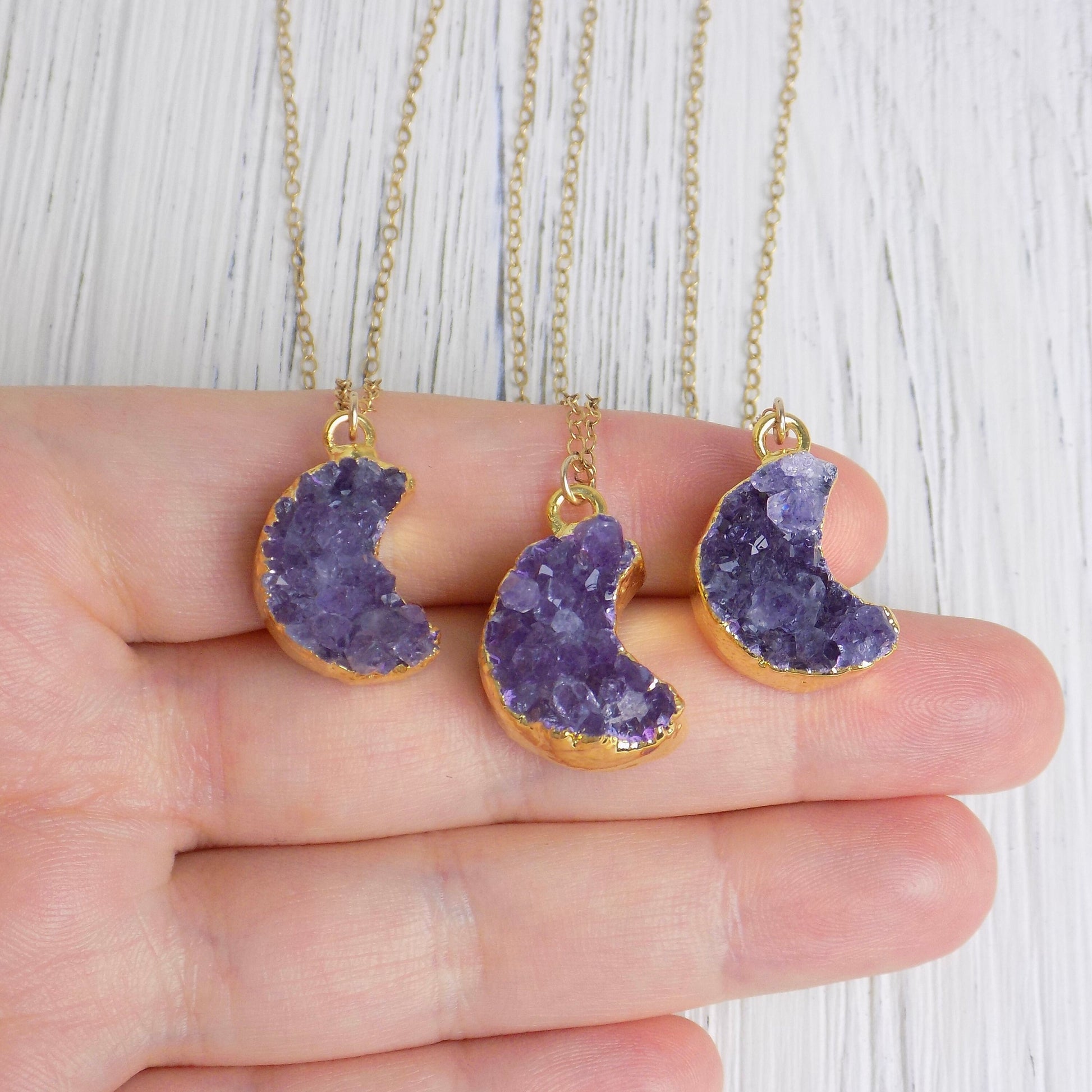 Crescent Moon Natural Amethyst Gemstone Necklace Gold, R14-02