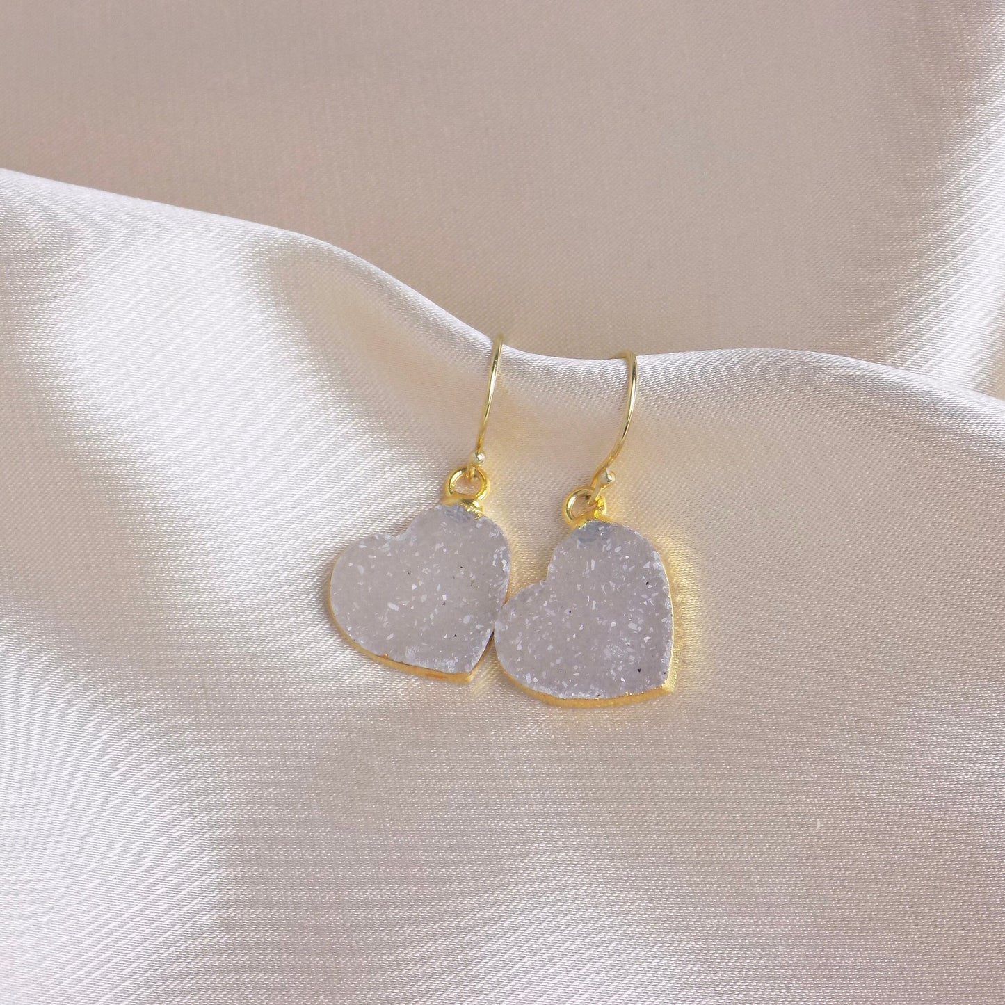 Small Heart Druzy Natural Gemstone Drop Earrings Gold, Sparkly Crystal, Gift For Women, M6-619