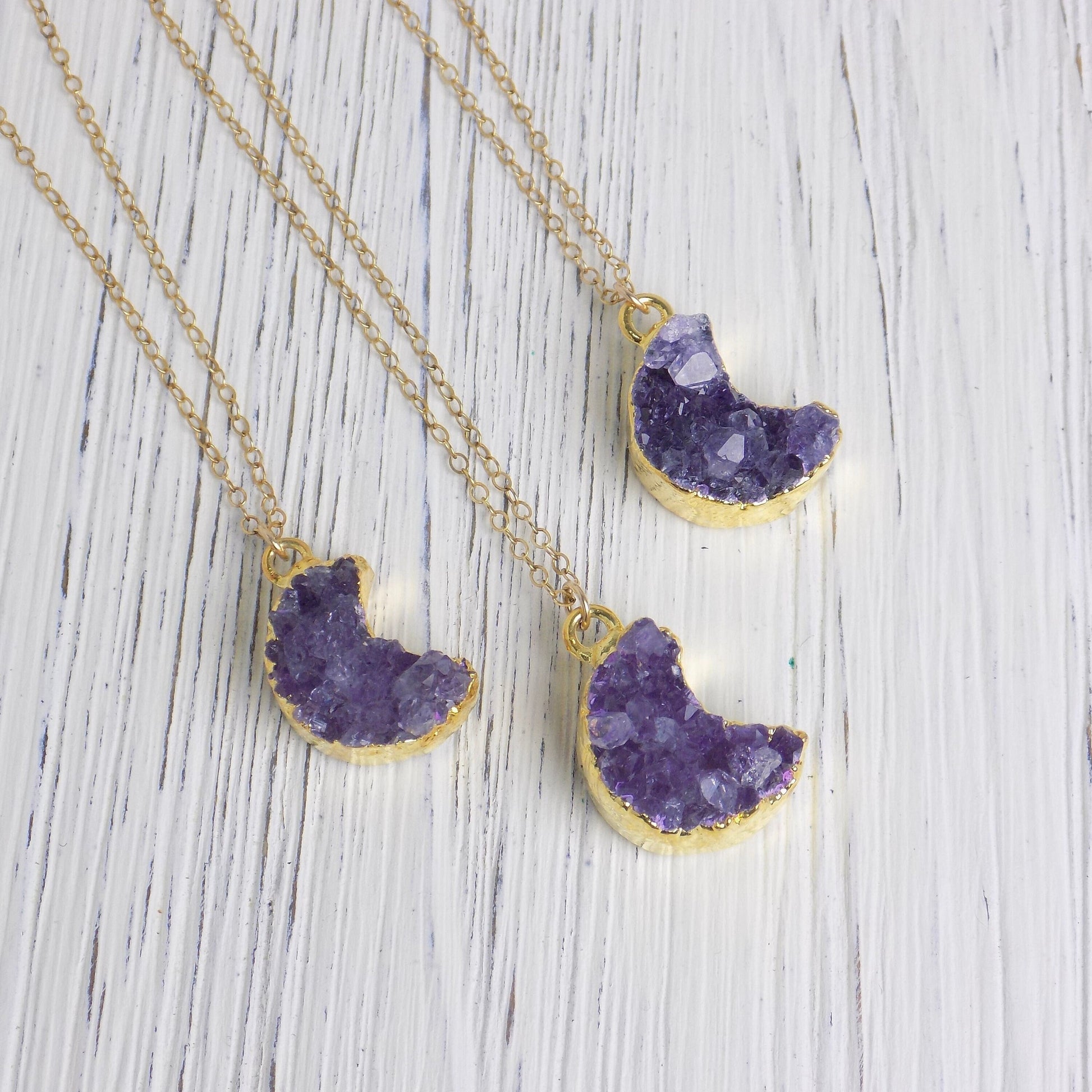 Crescent Moon Natural Amethyst Gemstone Necklace Gold, R14-02