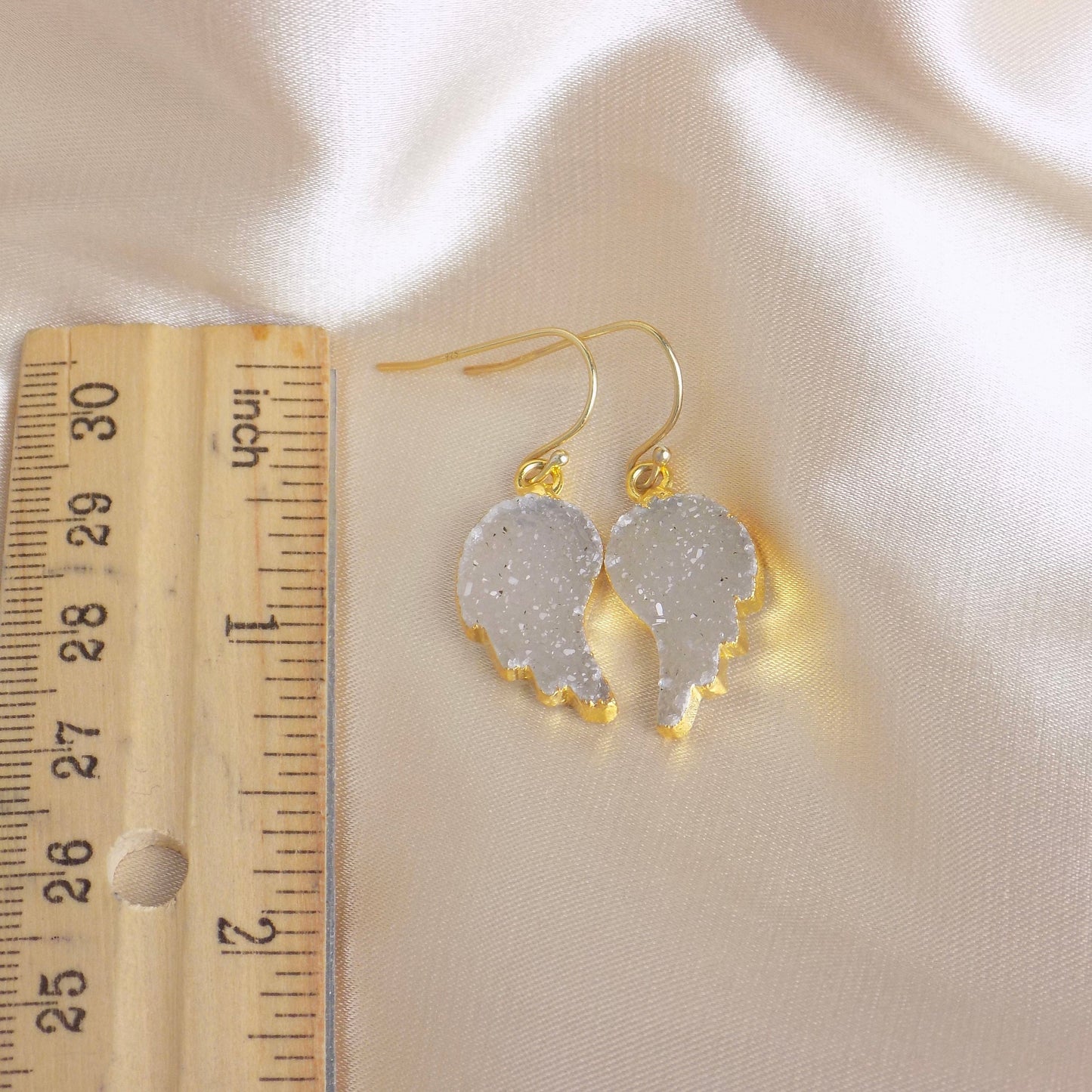 Valentines Day Gift, Angel Wing Earrings Gold, Natural Druzy Drop Earring, R14-04