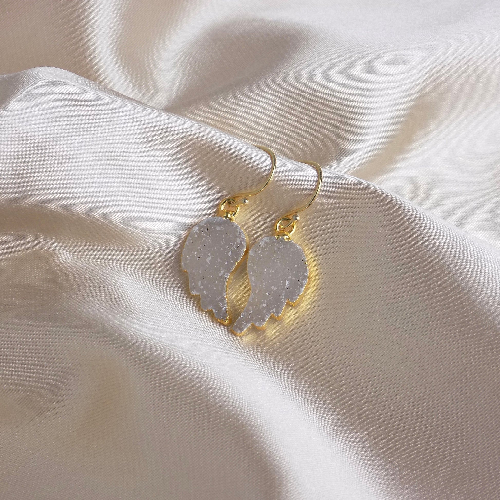 Valentines Day Gift, Angel Wing Earrings Gold, Natural Druzy Drop Earring, R14-04