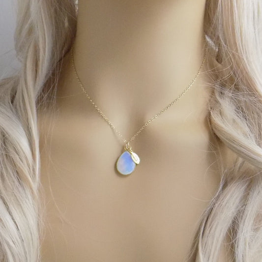 October Birthstone, Opalite Necklace Gold, Personalized Opal With Initial Charm, Teardrop Stone Faceted, Birthday Gift Women, M3-68