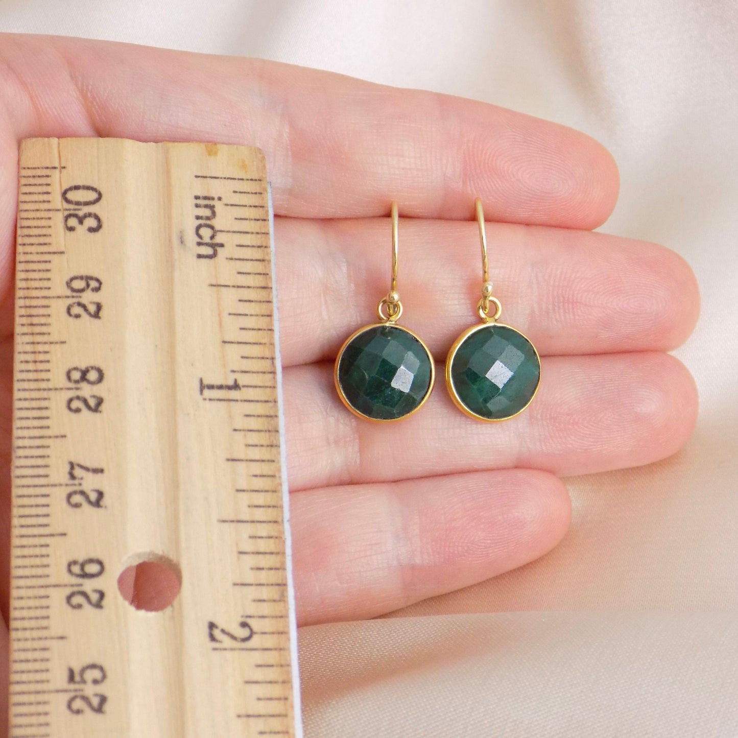 Emerald Earrings Gold, May Birthstone Earrings, Green Stone Earrings Round, Teacher Gift Women, M6-151