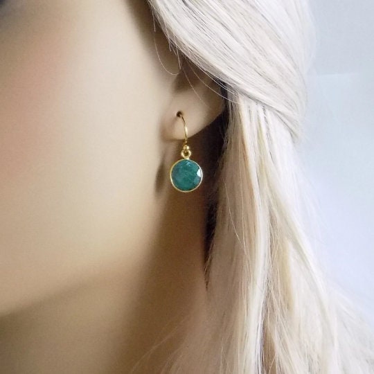 Emerald Earrings Gold, May Birthstone Earrings, Green Stone Earrings Round, Teacher Gift Women, M6-151