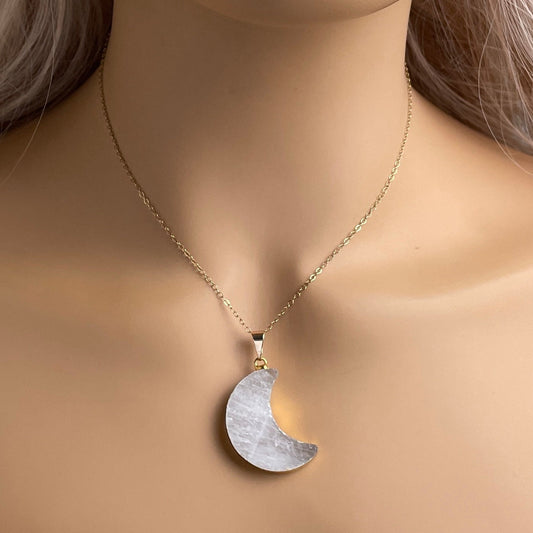 Crescent Moon Crystal Necklace Gold, White Quartz Pendant, Large Moon Charm, Boho Christmas Gifts For Her, R14-14