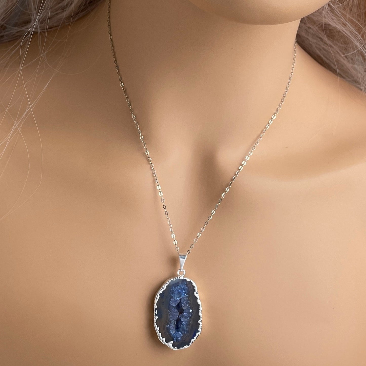 Small Geode Necklace Blue, Raw Stone Necklace Druzy, Boho Crystal Pendants Silver Chain, Christmas Gift Women, G14-270