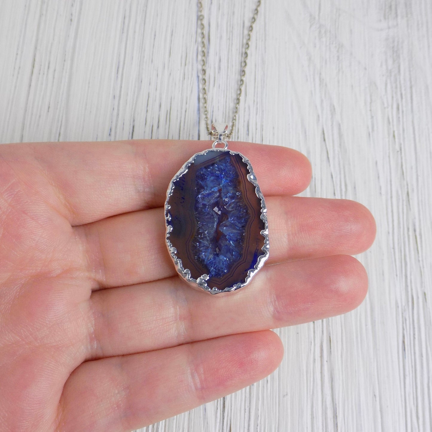 Small Geode Necklace Blue, Raw Stone Necklace Druzy, Boho Crystal Pendants Silver Chain, Christmas Gift Women, G14-270