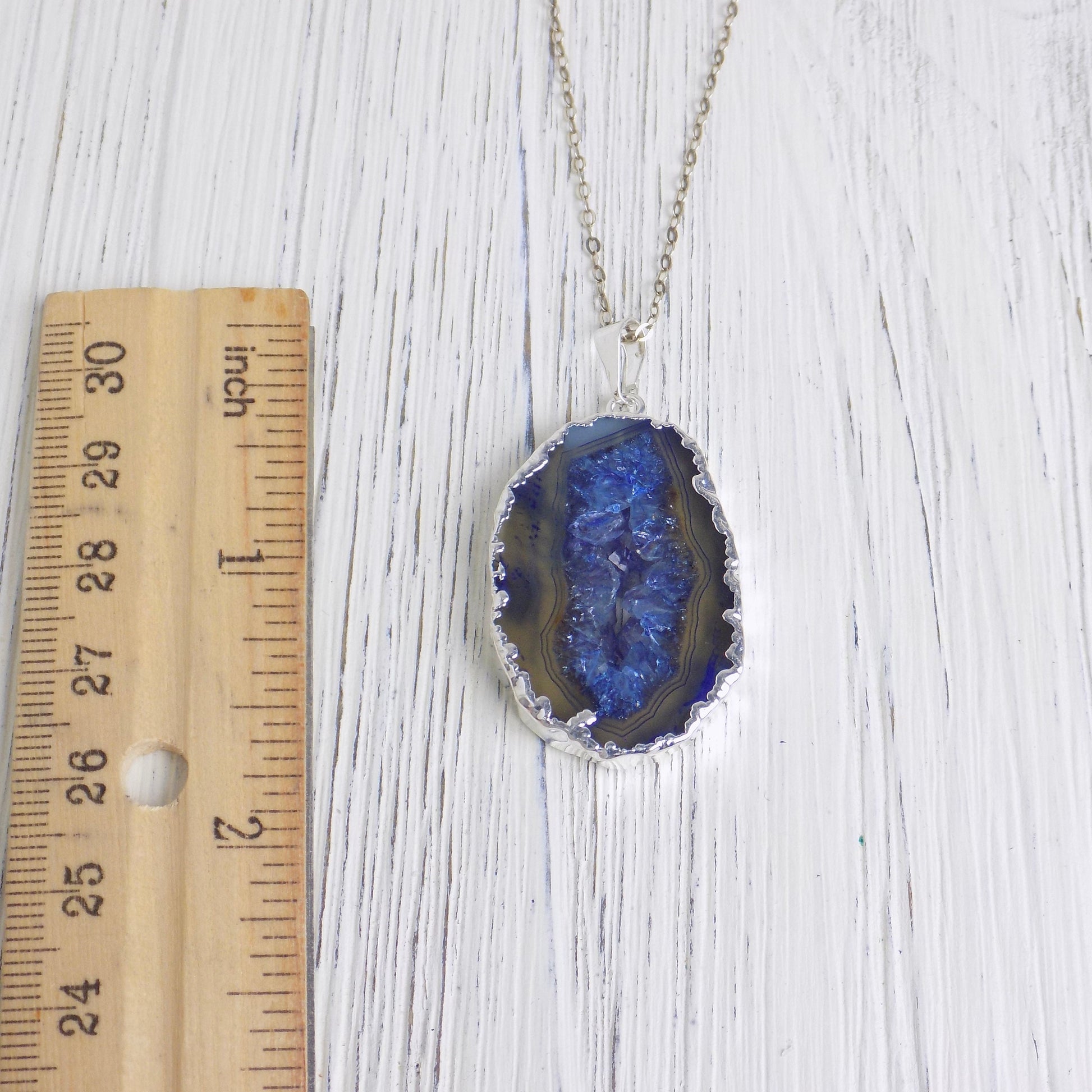 Small Geode Necklace Blue, Raw Stone Necklace Druzy, Boho Crystal Pendants Silver Chain, Christmas Gift Women, G14-270