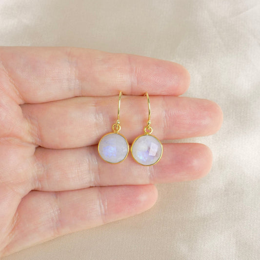 White Crystal Drop Earrings Gold, Moonstone Earrings, Blue Flash, Small Round Faceted Gemstones, Christmas Gifts For Wife, M6-47