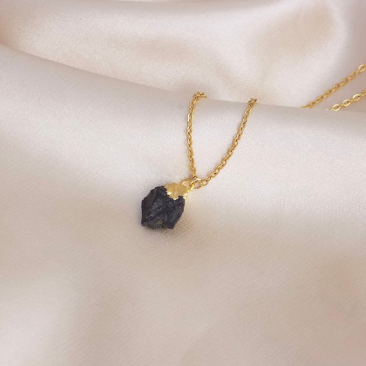 Small Raw Black Tourmaline Necklace on 18K Gold Stainless Steel Chain, M6-714