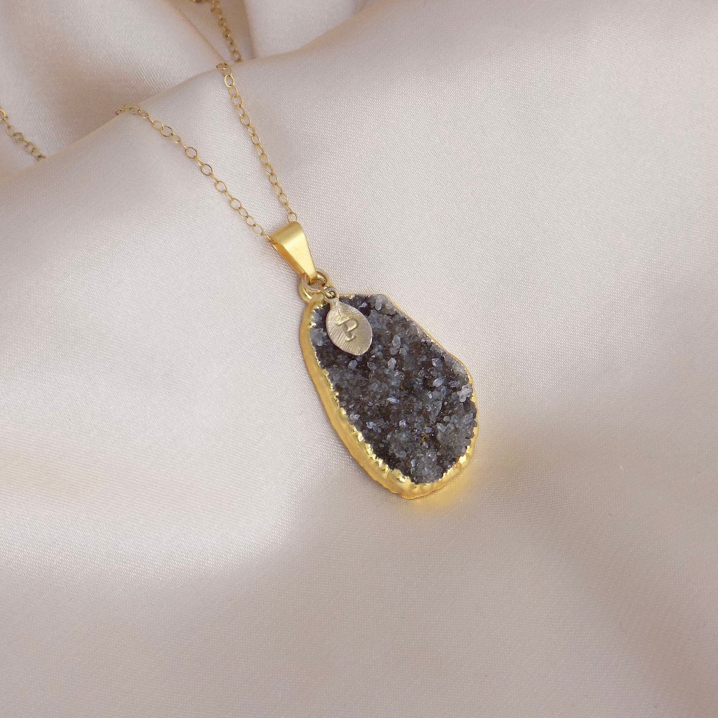 Brown Druzy Necklace, Personalized Druzy Pendant, Drusy Necklaces For Women, Natural Gemstone Long Boho, Christmas Gift, G14-41