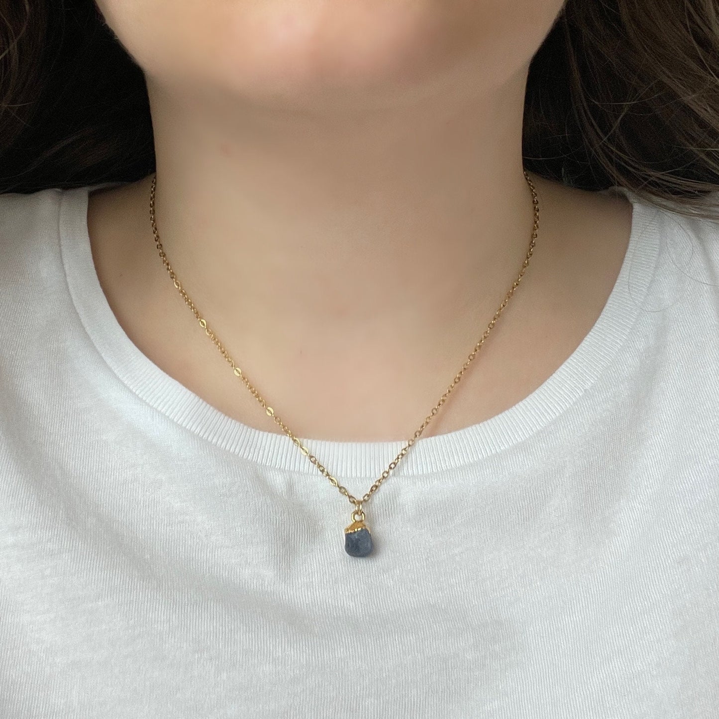 Small Raw Sapphire Necklace 18K Gold Stainless Steel Chain, M6-703