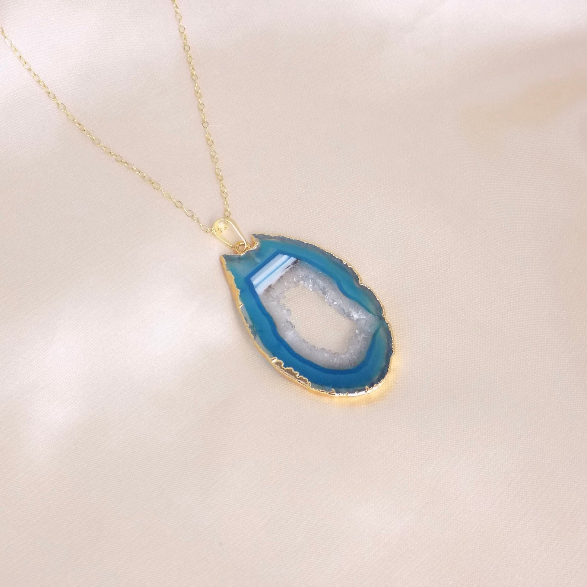 Unique Statement Necklace, Teal Blue Agate Pendant, Sliced Geode, Druzy Necklaces, 14K Gold Filled Chain, Gift For Her, G14-312