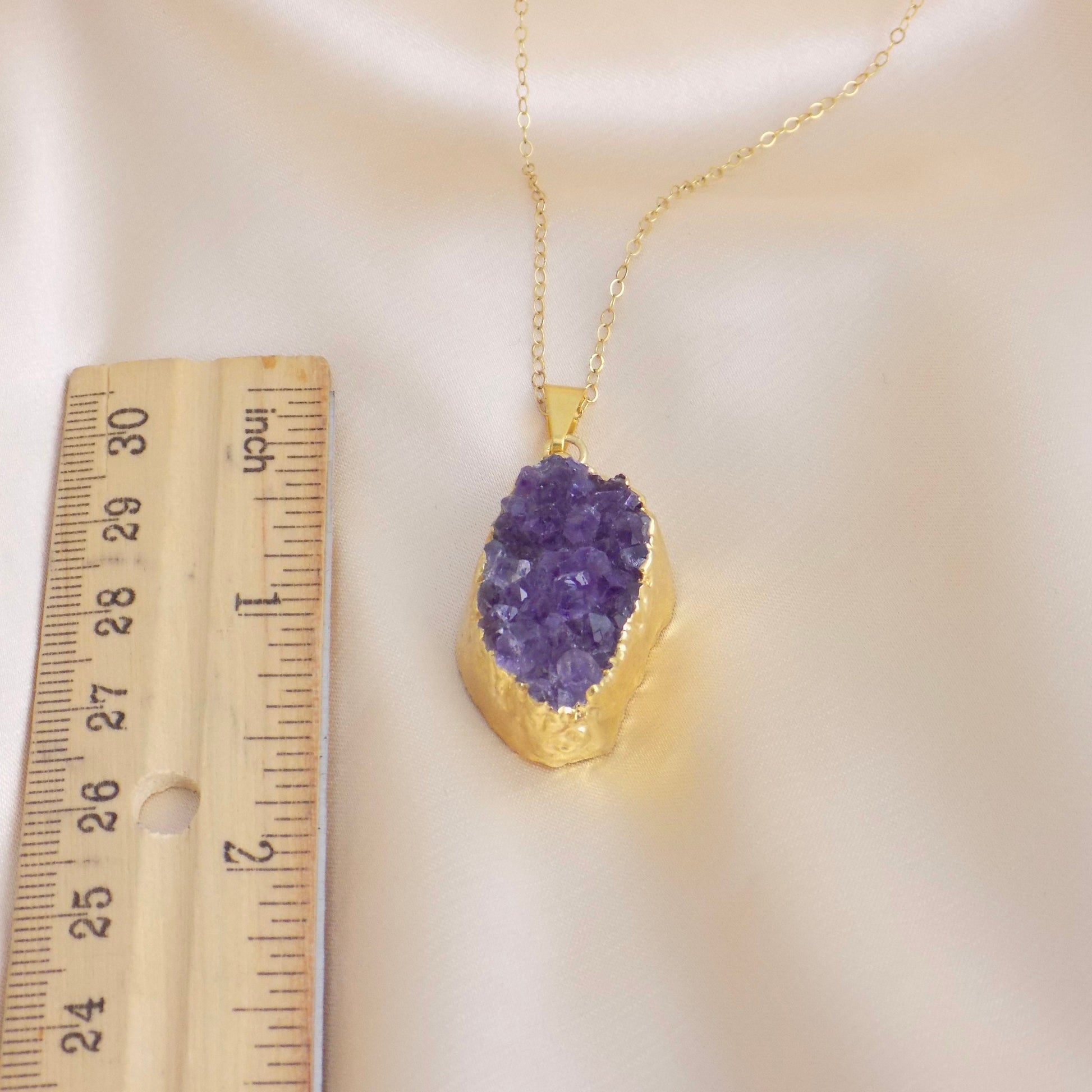 Christmas Gift, Raw Amethyst Necklace, Purple Druzy Pendant Gold, Raw Stone Crystal Necklaces For Women, Gifts For Mom, R14-37