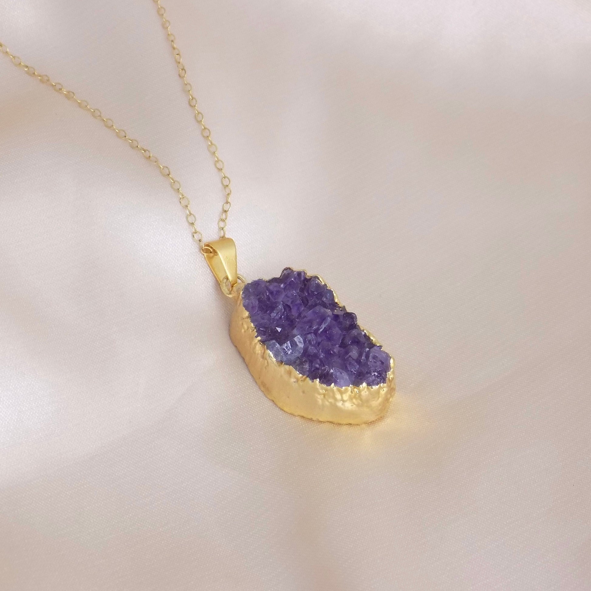 Christmas Gift, Raw Amethyst Necklace, Purple Druzy Pendant Gold, Raw Stone Crystal Necklaces For Women, Gifts For Mom, R14-37