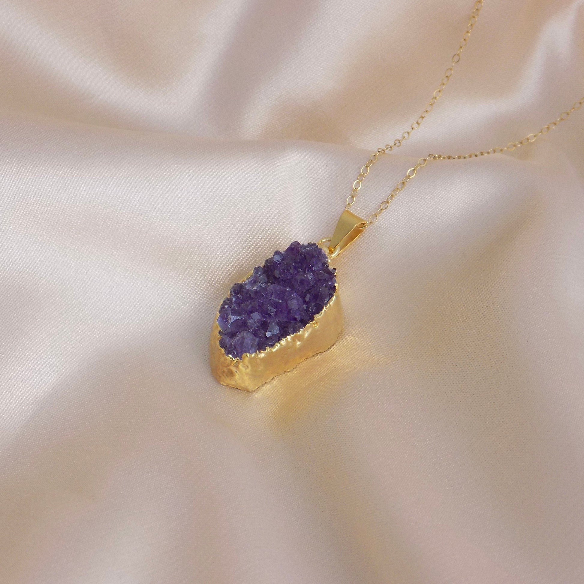 Christmas Gift, Raw Amethyst Necklace, Purple Druzy Pendant Gold, Raw Stone Crystal Necklaces For Women, Gifts For Mom, R14-37