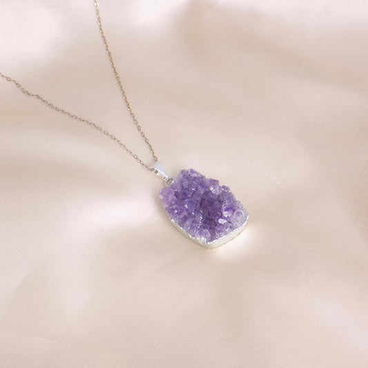 Purple Amethyst Druzy Crystal Necklace with Sterling Silver Chain, Boho Christmas Gifts For Her, R14-44