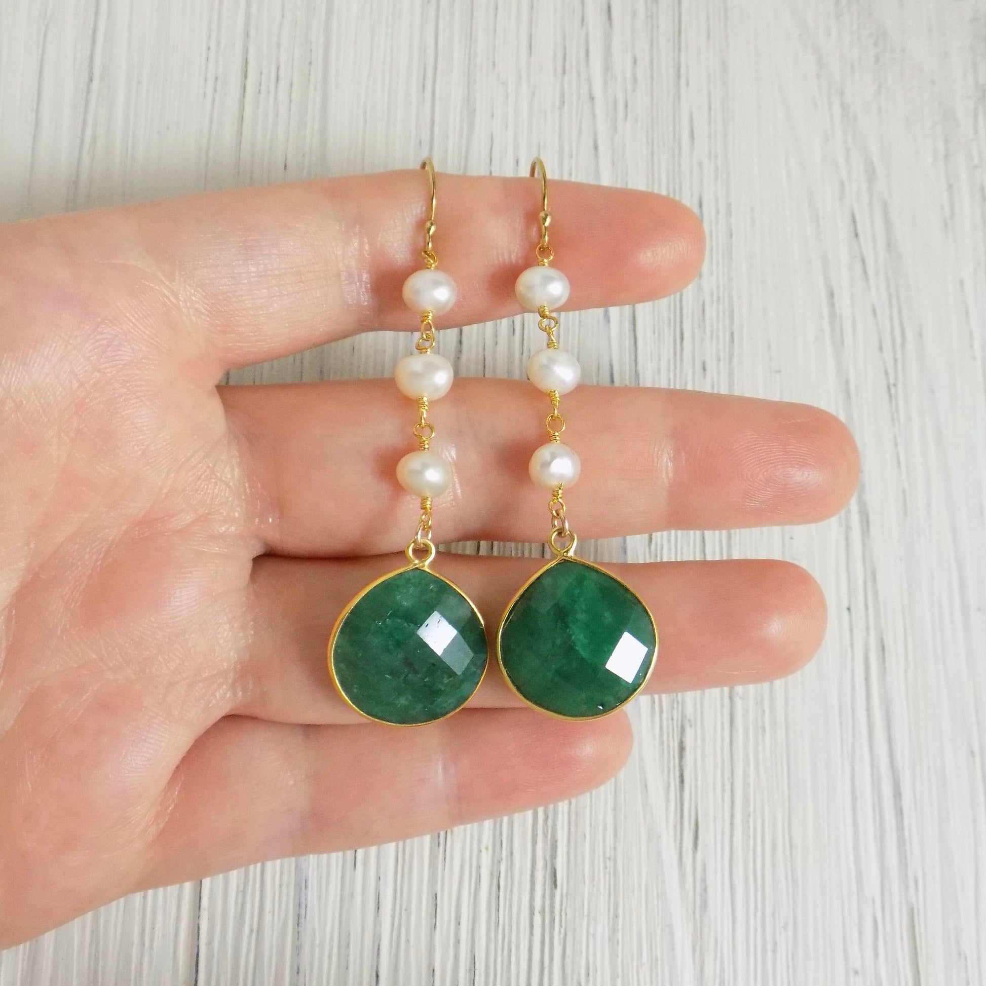 Green Emerald and Pearl Drop Earrings Gold, Mothers Day Gift, M5-347