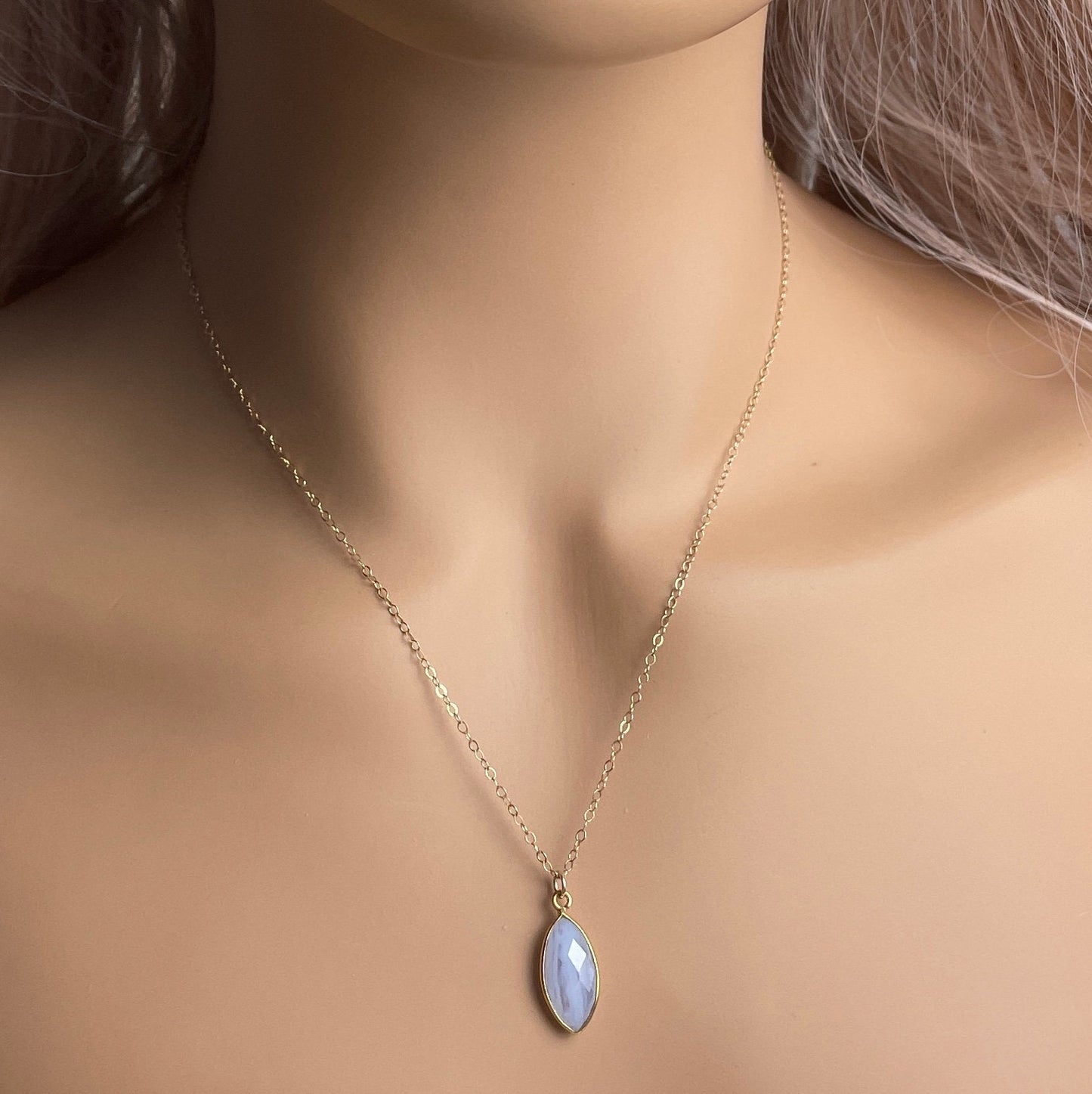 Natural Blue Lace Agate Necklace With Custom Initial on 14K Gold Filled Chain, M4-53