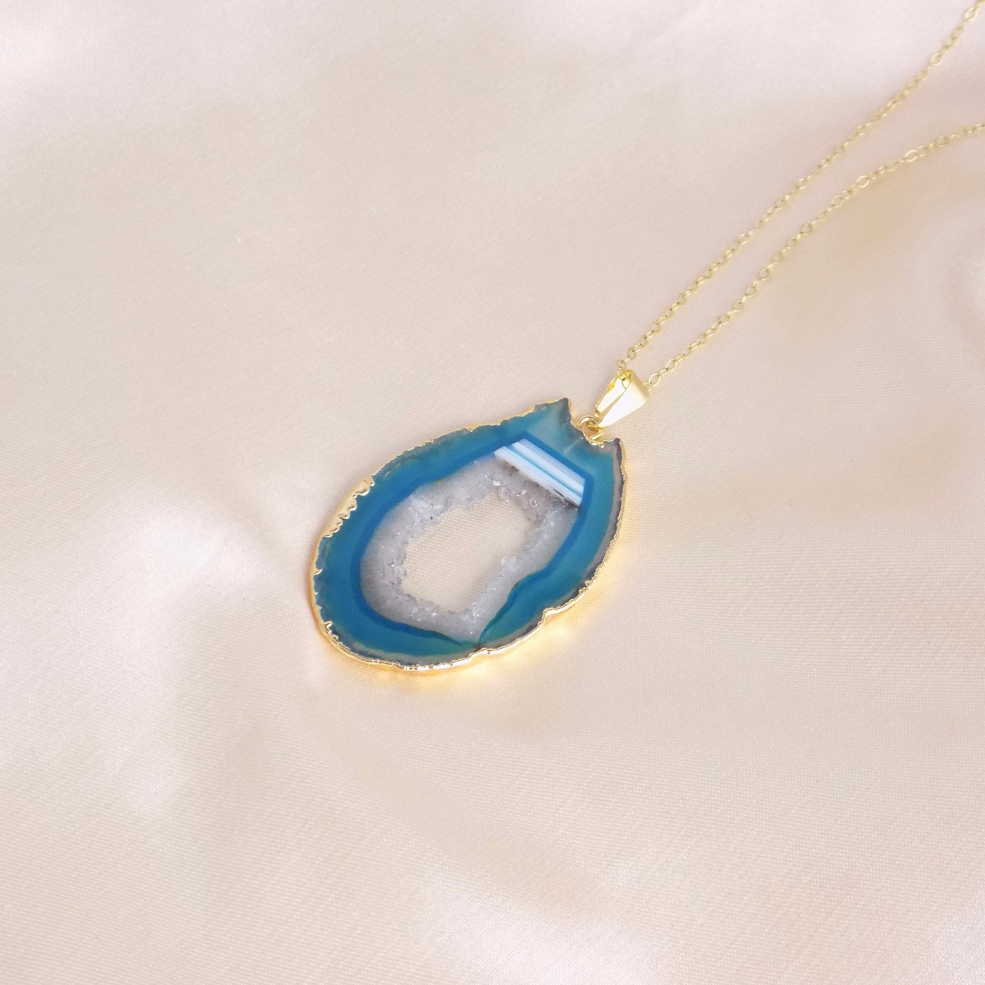 Unique Statement Necklace, Teal Blue Agate Pendant, Sliced Geode, Druzy Necklaces, 14K Gold Filled Chain, Gift For Her, G14-312