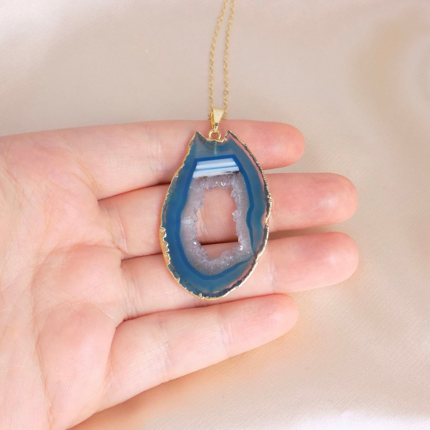 Unique Statement Necklace, Teal Blue Agate Pendant, Sliced Geode, Druzy Necklaces, 14K Gold Filled Chain, Gift For Her, G14-312