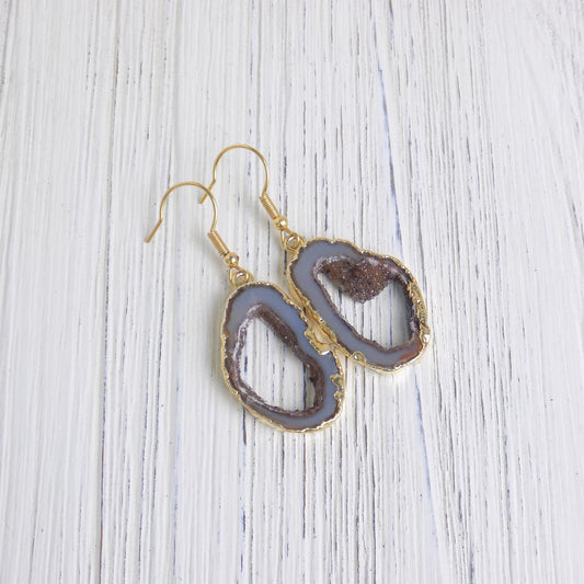 Geode Earring Gold, Natural Druzy Earrings, Brown Gray Gemstone Earring, Bridesmaid Gift, G13-405