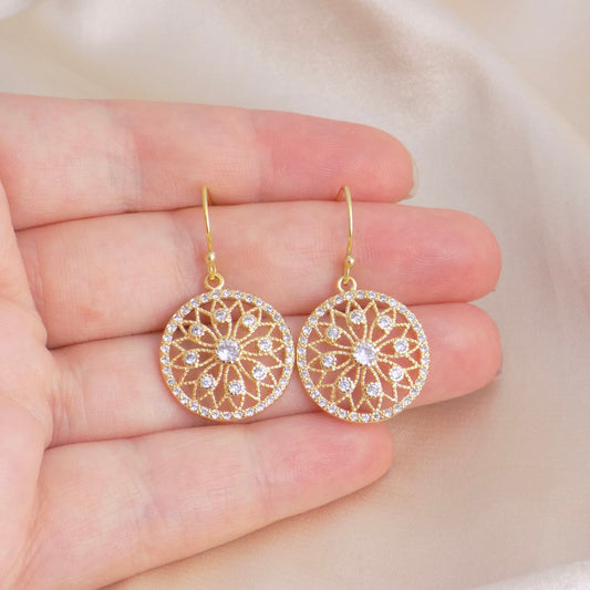 Round Filigree Cubic Zirconia Drop Earrings Gold, M6-100