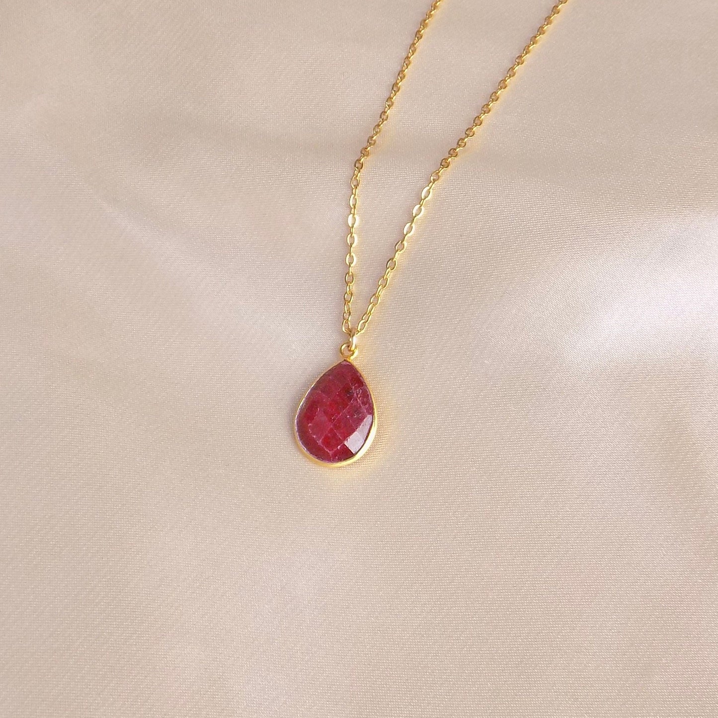 Valentines Day Gift, Raw Ruby Gemstone Necklace on 18K Gold Stainless Steel Chain, M6-721