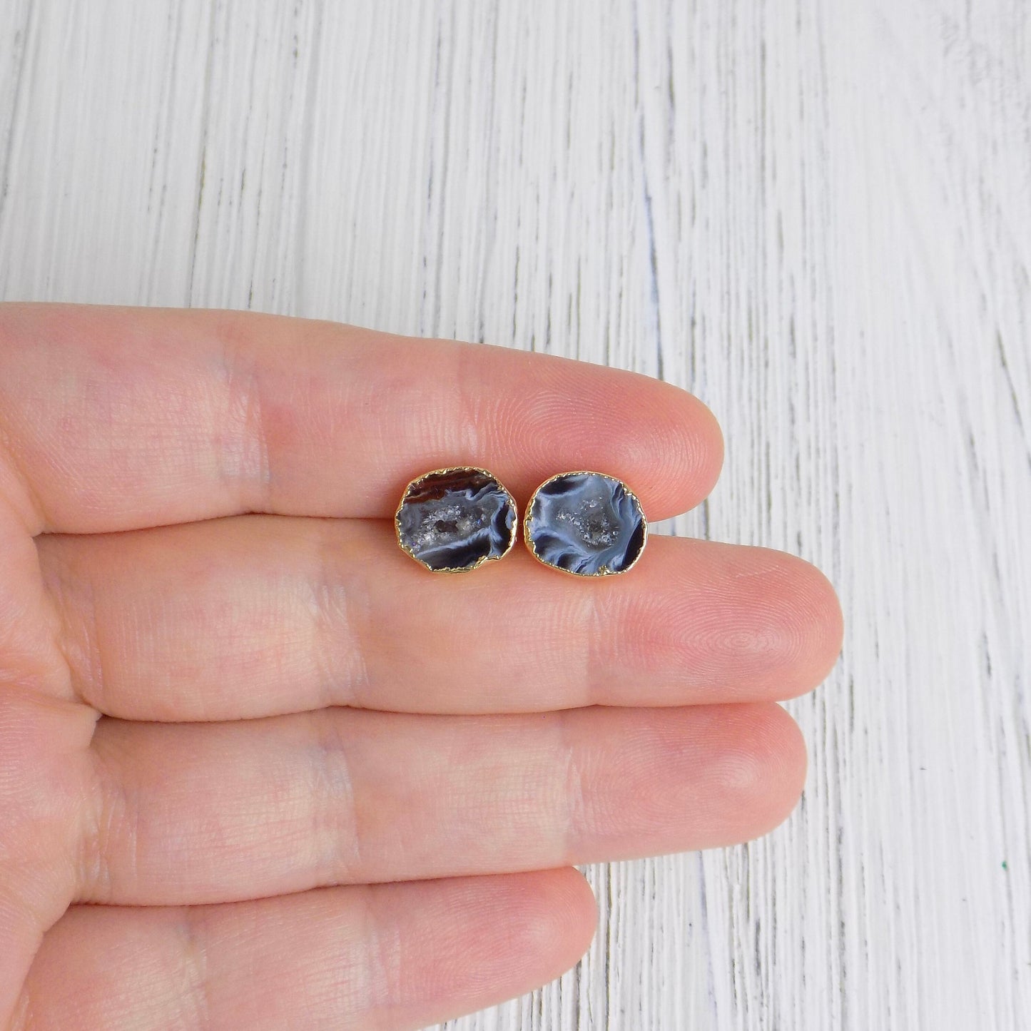 Unique Black Crystal Stud Earrings, Natural Gemstone Geode Studs Gray Druzy Gold, G14-141