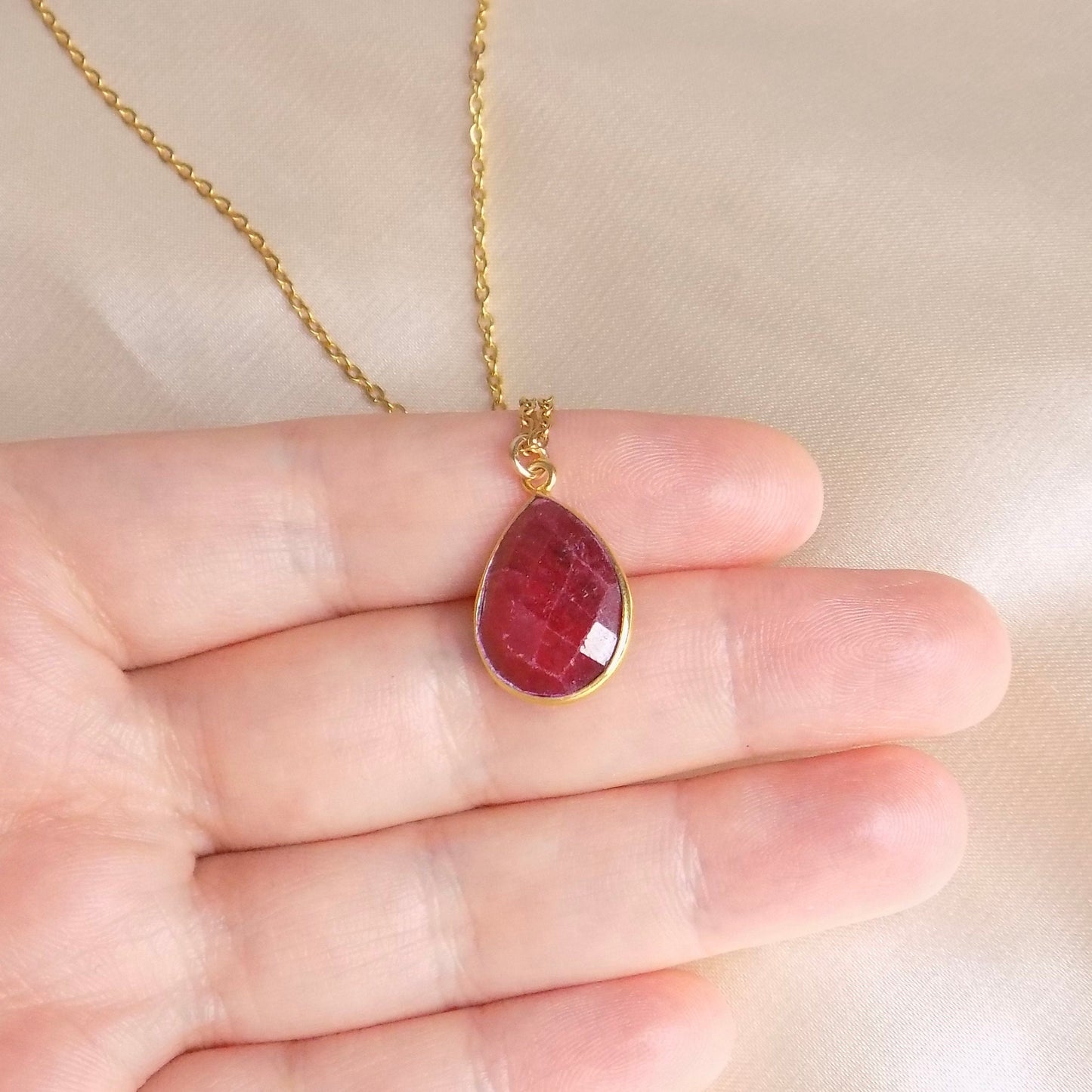 Valentines Day Gift, Raw Ruby Gemstone Necklace on 18K Gold Stainless Steel Chain, M6-721