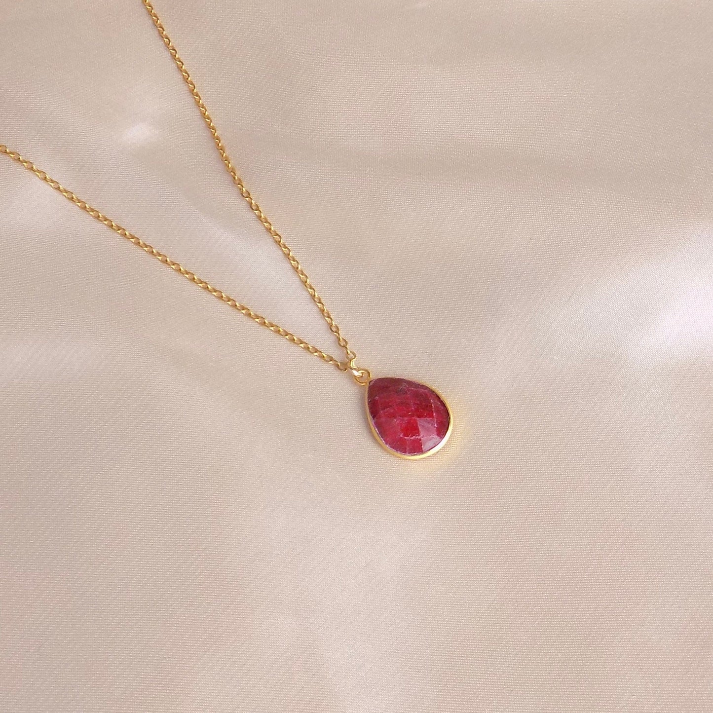 Valentines Day Gift, Raw Ruby Gemstone Necklace on 18K Gold Stainless Steel Chain, M6-721