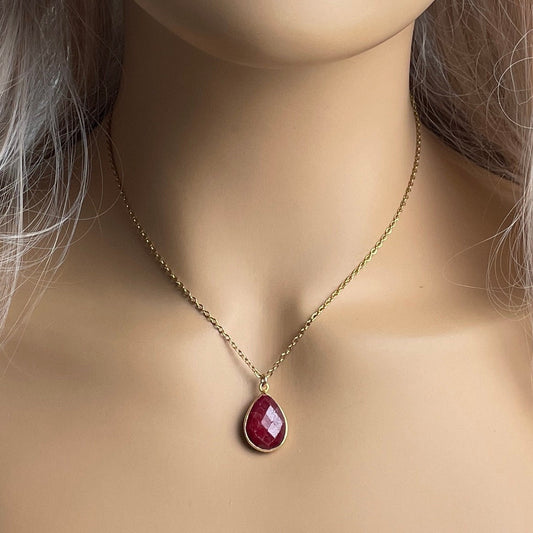 Valentines Day Gift, Raw Ruby Gemstone Necklace on 18K Gold Stainless Steel Chain, M6-721