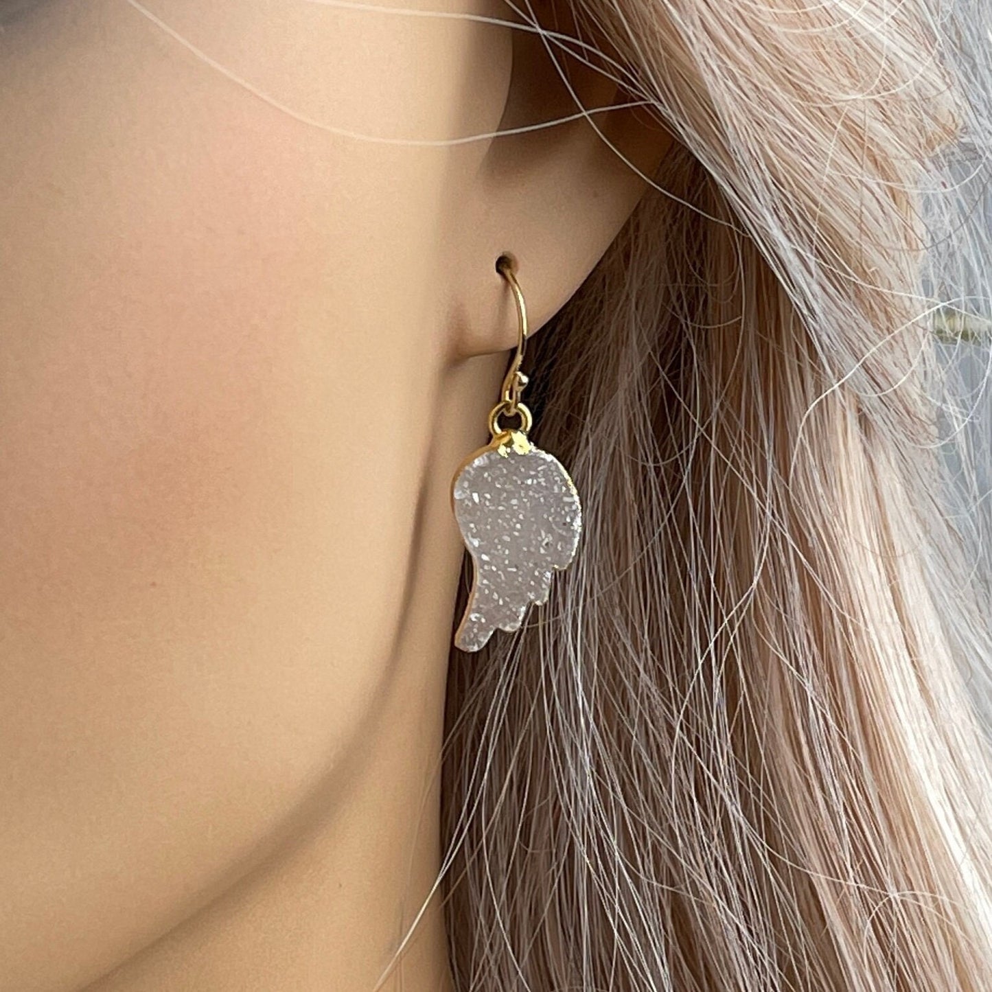 Valentines Day Gift, Angel Wing Earrings Gold, Natural Druzy Drop Earring, R14-04