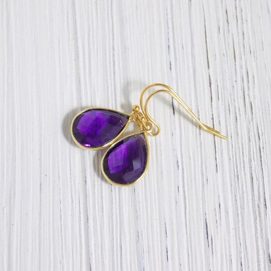 February Birthstone Amethyst Gemstone Earrings Gold, Valentines Day Gift Women, M4-54