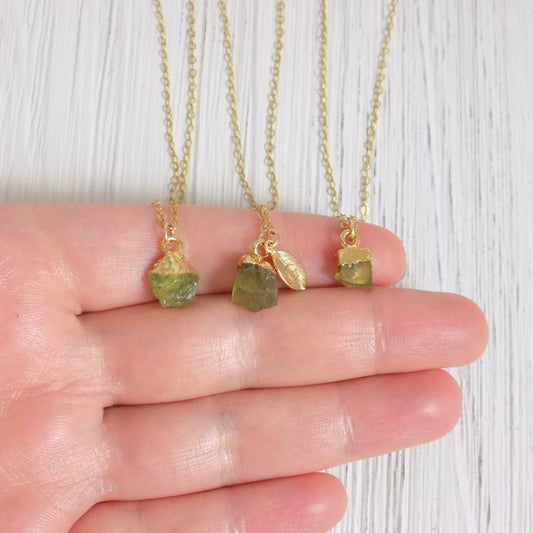 Tiny Peridot Crystal Necklace - Personalized Raw Peridot Necklace