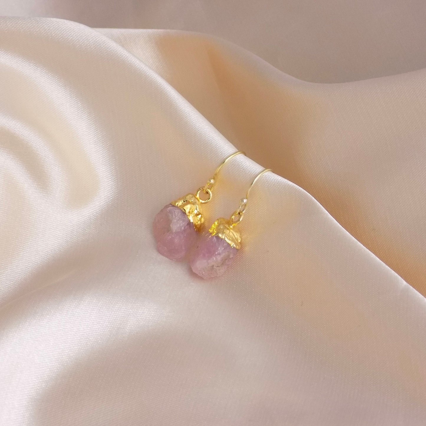 Raw Rose Quartz Earrings Gold, October Birthstone, Light Pink Chunky Stone Earring, Heart Chakra Crystals, Christmas Gifts Women, M6-727