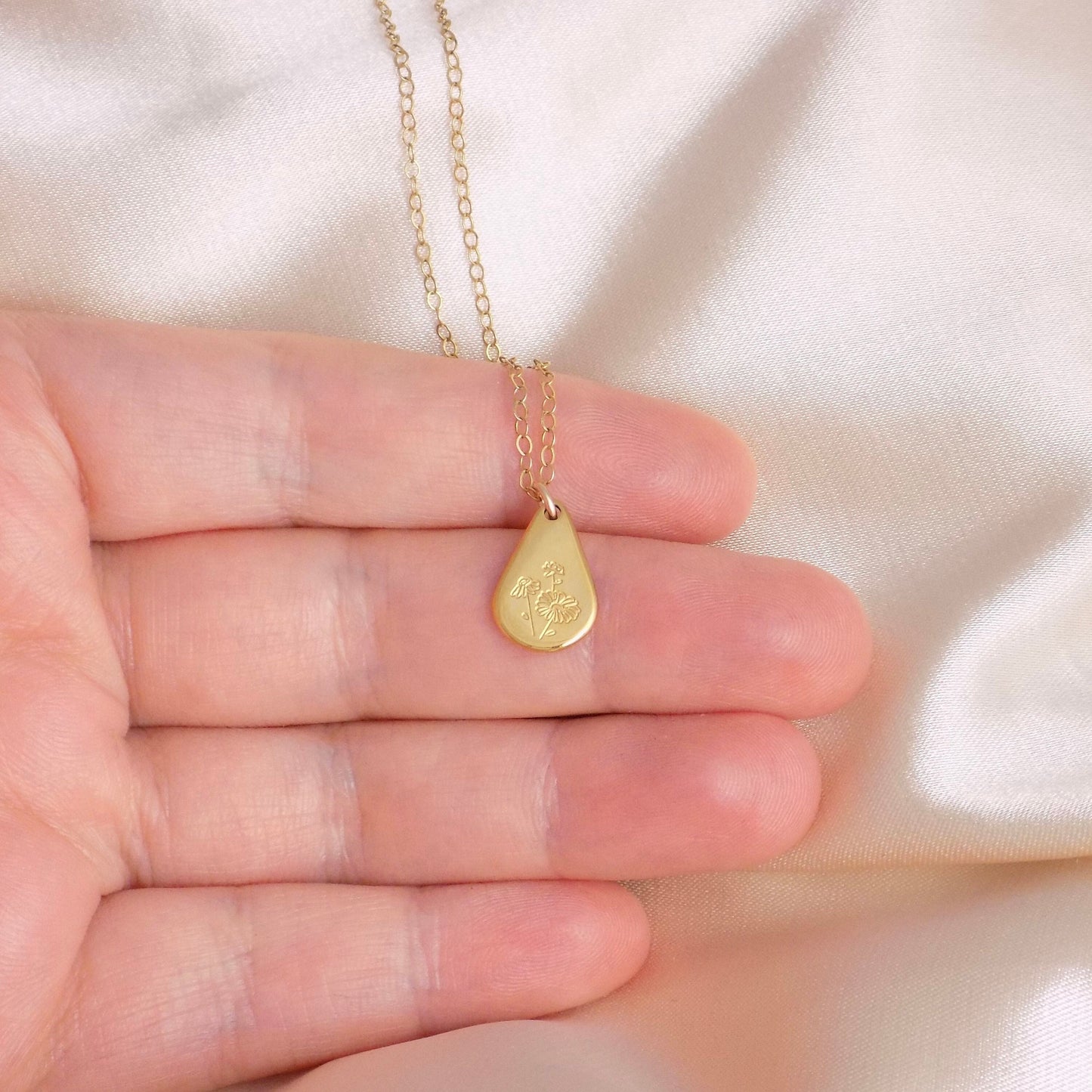 Birth Flower Necklace Gold, Teardrop Birth Flower Charm, Minimalist Layer, Personalized Gift For Her, M6-723