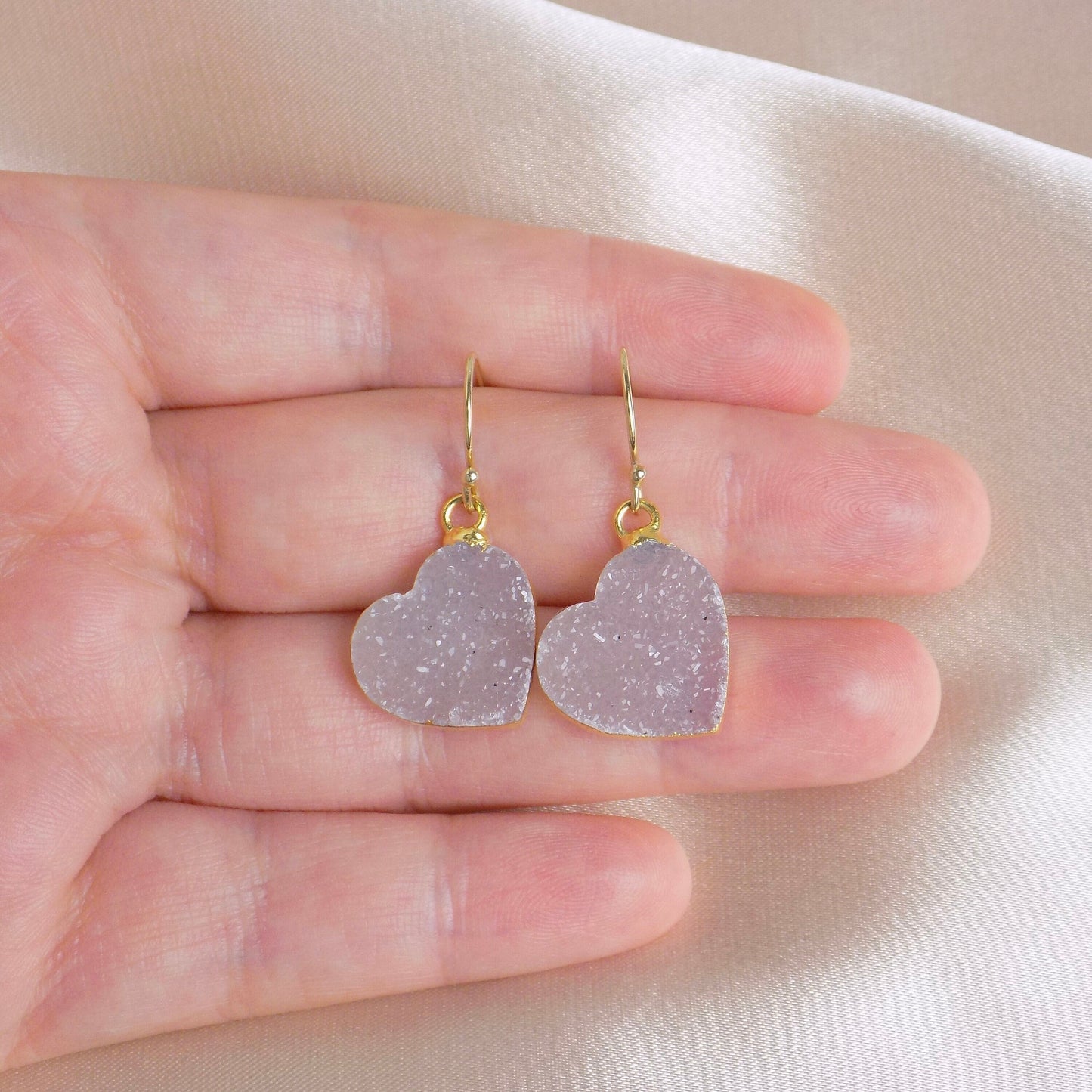 Small Heart Druzy Natural Gemstone Drop Earrings Gold, Sparkly Crystal, Gift For Women, M6-619