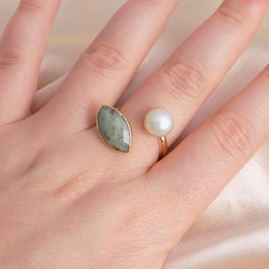 Green Jasper Ring Adjustable, Freshwater Pearl Ring Gold Plated, Raw Crystals Dual Gemstone Gold, Unique Gifts For Her, M6-754