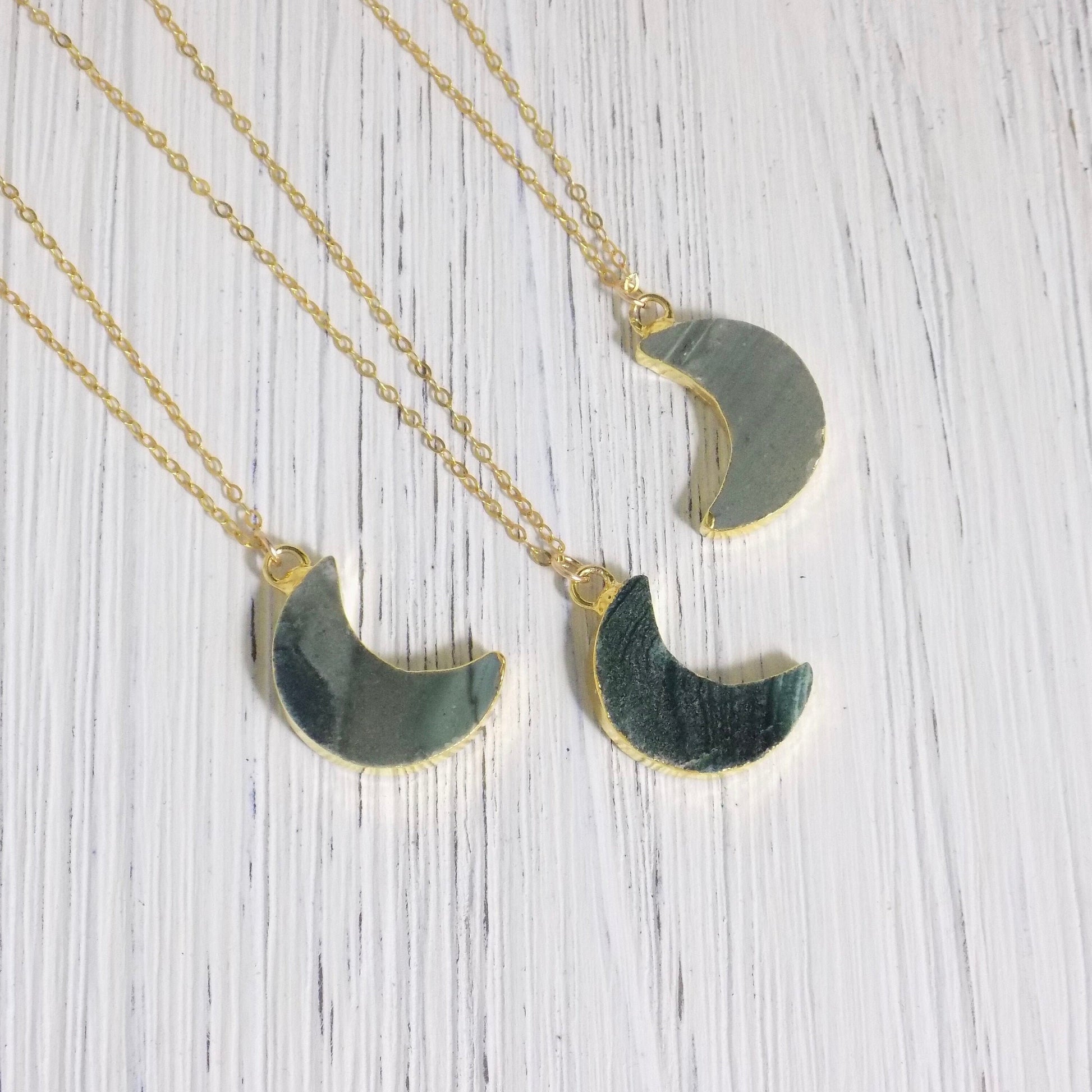 Crescent Moon Necklace Gold, Natural Green Jasper Pendant, Celestial Jewelry, Easter Gift Women, R8-30