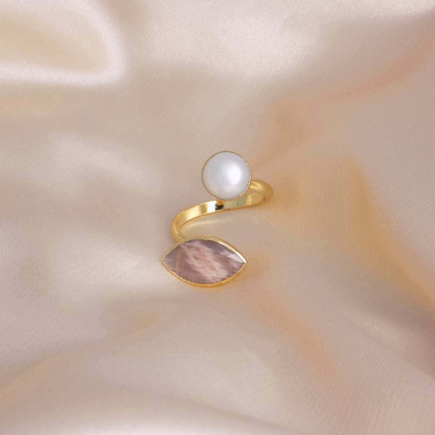 Pink Jasper Freshwater Pearl Dual Gemstone Adjustable Ring Gold Plated, M6-759