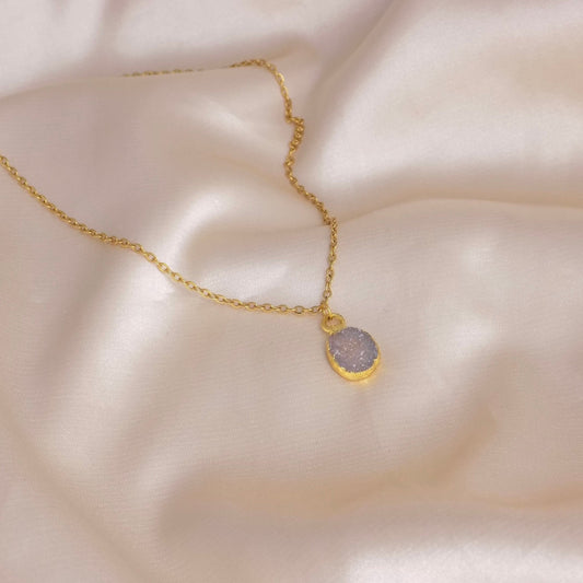 Tiny Natural Druzy Gemstone Necklace on 18K Gold Stainless Steel Chain, G14-797