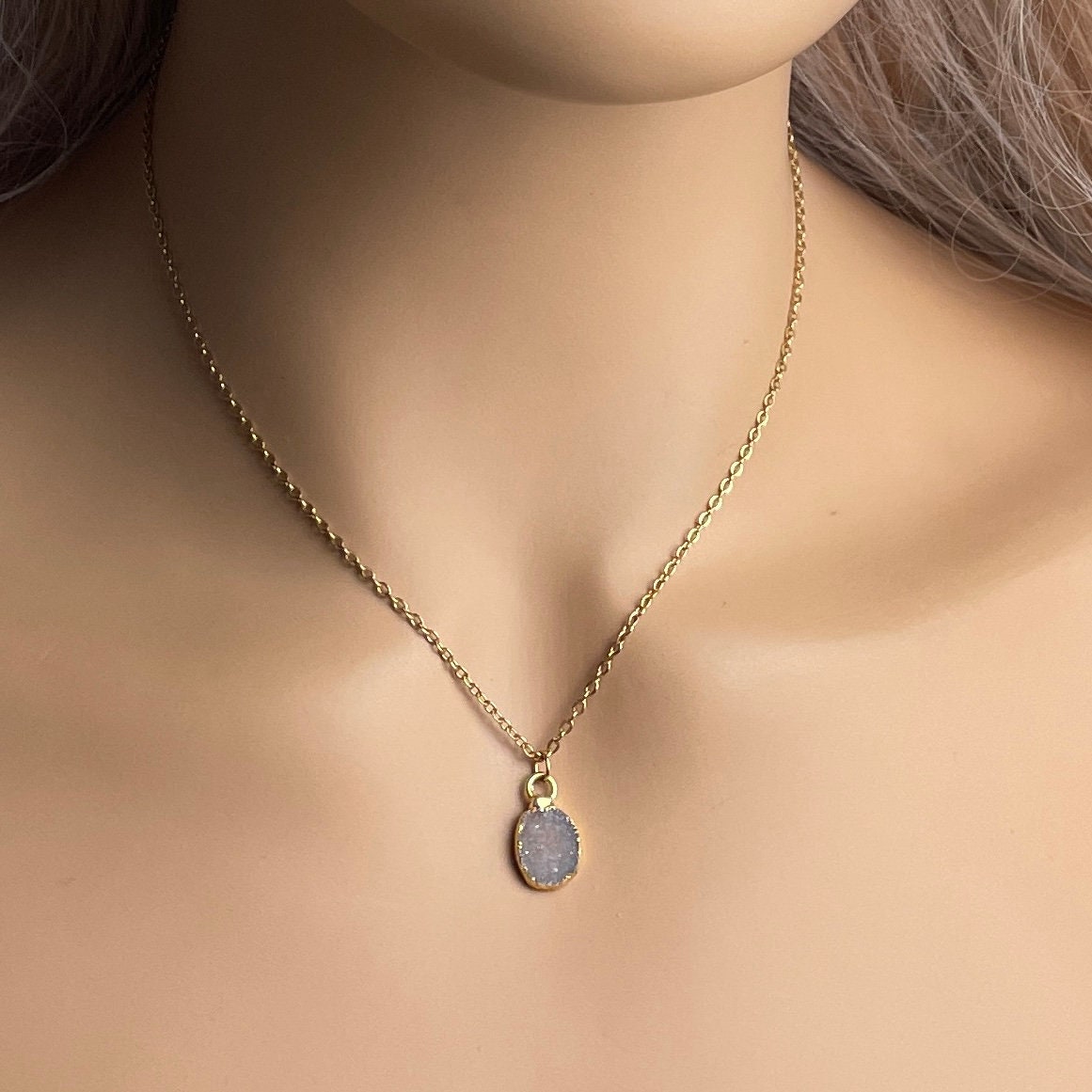 Tiny Natural Druzy Gemstone Necklace on 18K Gold Stainless Steel Chain, G14-797