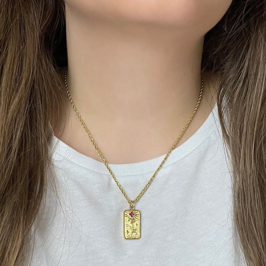 Tarot Card Necklace, Gold Tag Necklace, 18K Gold Stainless Steel Rope Chain, Ruby Flower Charm, Trendy Layering, M6-105