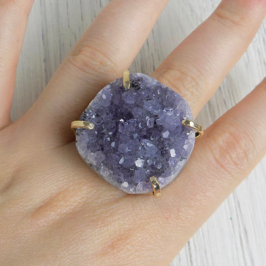 Large Raw Amethyst Statement Ring For Women, Gold Plated Adjustable, Gifts For Mom, G14-22