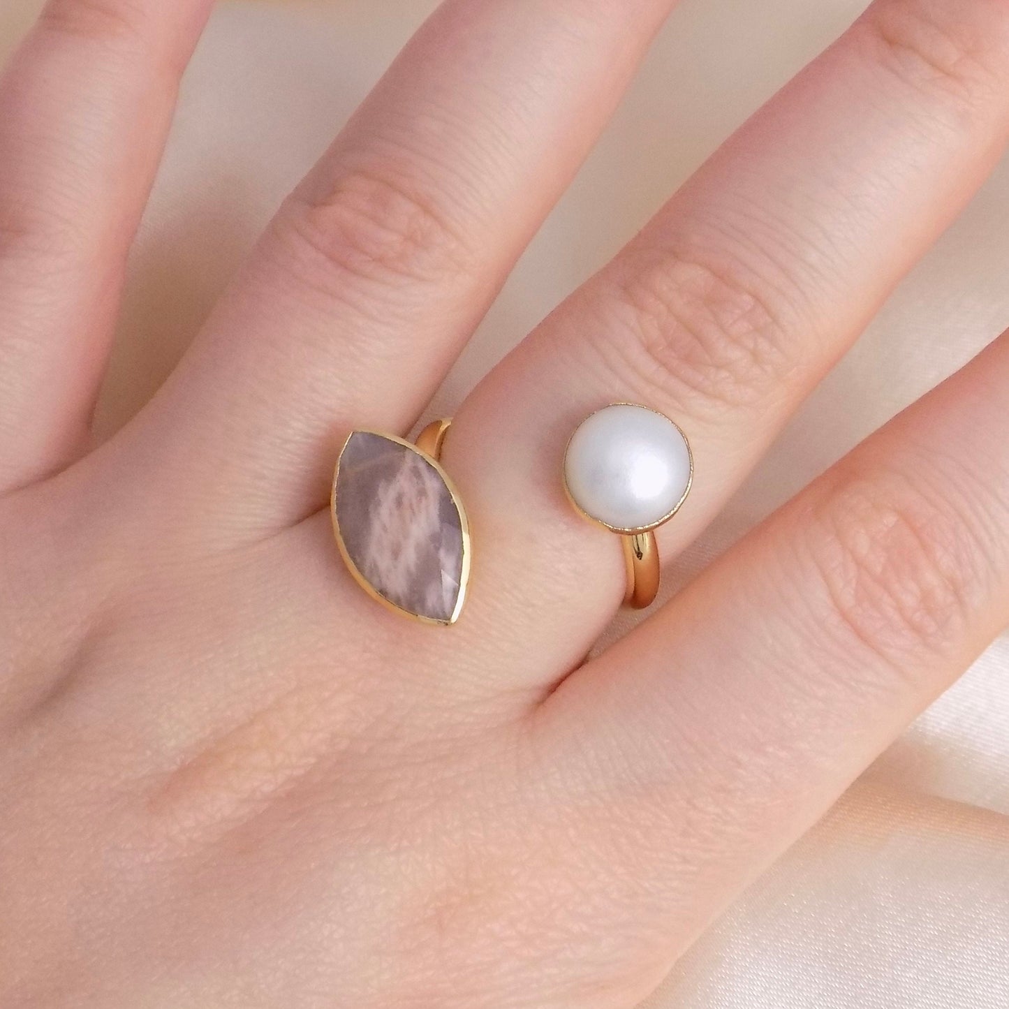 Pink Jasper Freshwater Pearl Dual Gemstone Adjustable Ring Gold Plated, M6-759