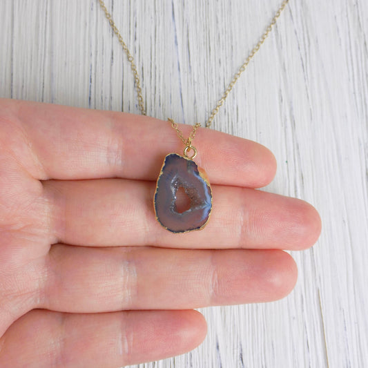 Gift For Mom, Small Geode Necklace, Small Druzy Pendant, Small Agate, Raw Crystal Necklace Gold, G9-887