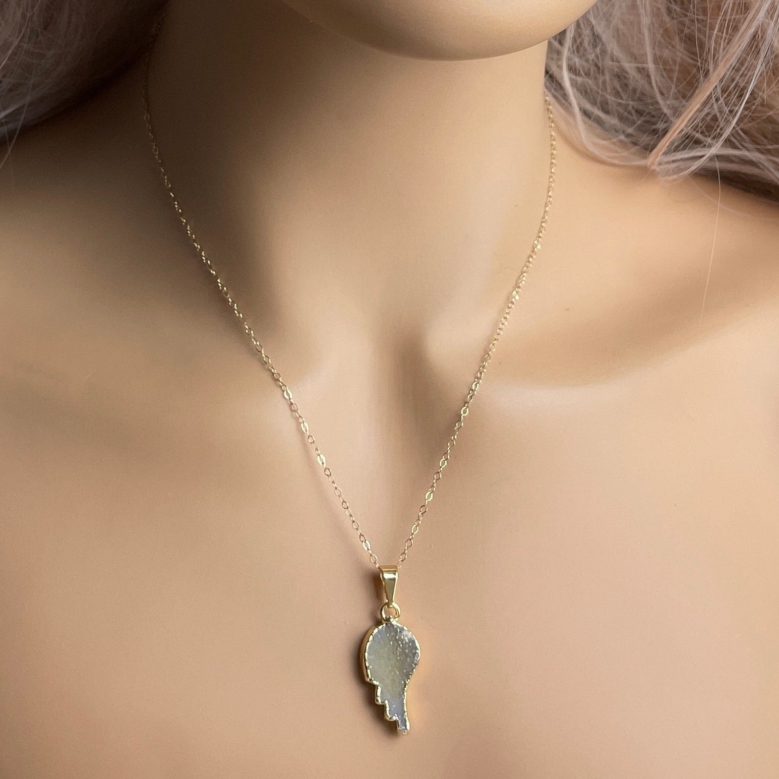 Angel Wing Druzy Necklace Gold, Mothers Day Gift, G14-830