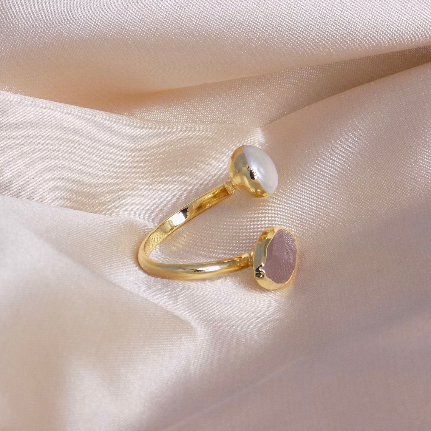 Sunstone And Pearl Multi Stone Ring Gold Plated Adjustable, Mothers Day Gift, M6-781